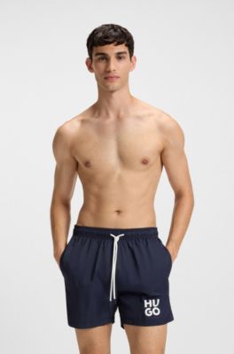 Quick-dry swim shorts with printed stacked logo, Dark Blue