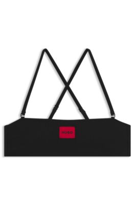 Bandeau bikini top with logo label, Black