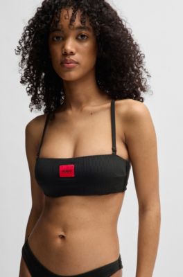 Bandeau bikini top with logo label, Black