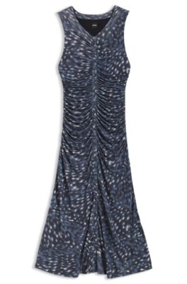 Printed-jersey dress with gathered front, Blue Patterned