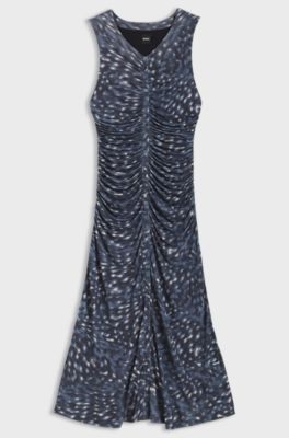 Printed-jersey dress with gathered front, Blue Patterned