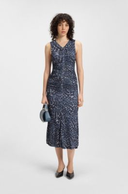 Printed-jersey dress with gathered front, Blue Patterned