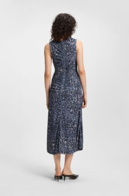 Printed-jersey dress with gathered front, Blue Patterned