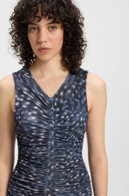 Printed-jersey dress with gathered front, Blue Patterned