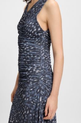Printed-jersey dress with gathered front, Blue Patterned