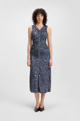 Printed-jersey dress with gathered front, Blue Patterned