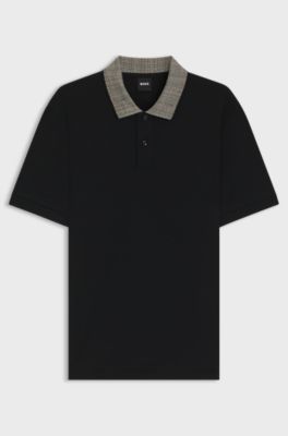 Pima-cotton polo shirt with patterned collar, Black