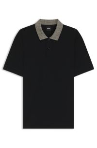 Pima-cotton polo shirt with patterned collar, Black