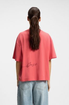 Cotton-jersey T-shirt with logo graphics, Coral