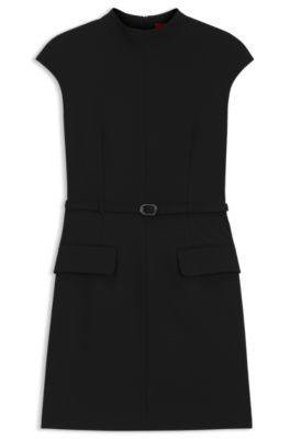 Belted mock-neck dress with subtle shoulder padding, Black
