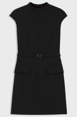 Belted mock-neck dress with subtle shoulder padding, Black