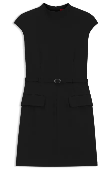 Belted mock-neck dress with subtle shoulder padding