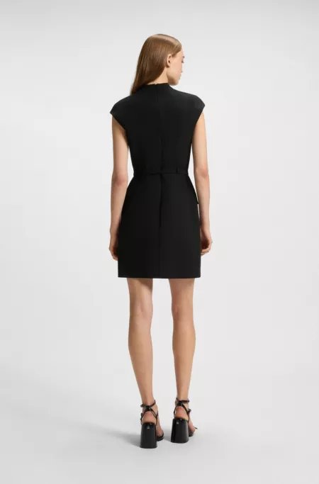 Belted mock-neck dress with subtle shoulder padding