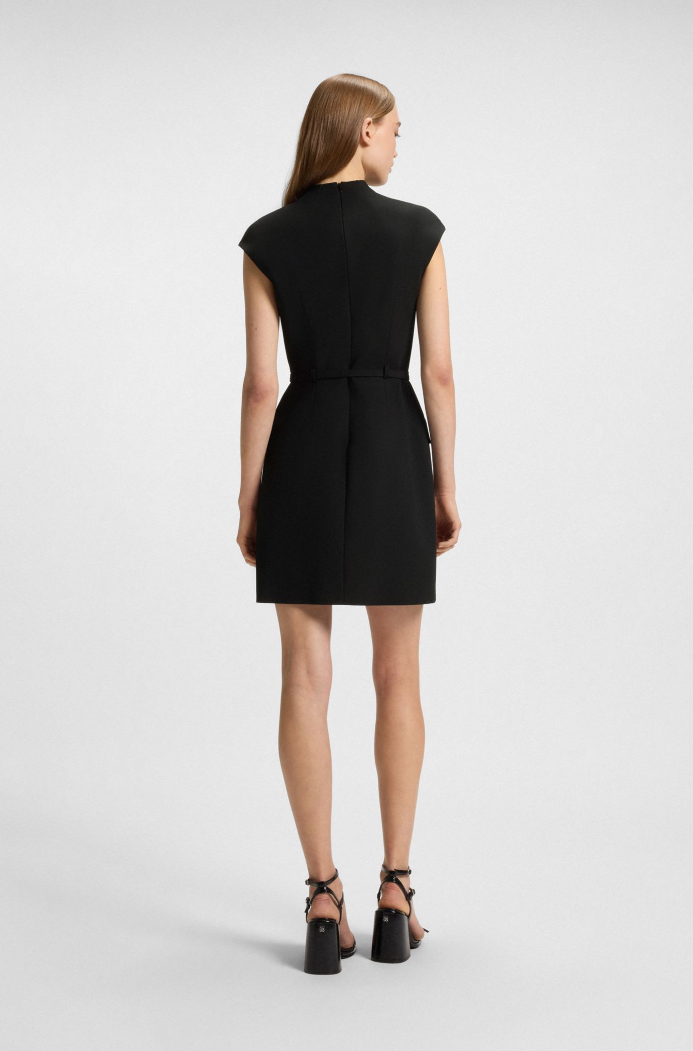 Belted mock-neck dress with subtle shoulder padding, Black