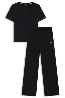 Stretch-cotton pyjamas with logo details, Black