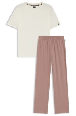 Stretch-cotton pyjamas with logo details, Natural