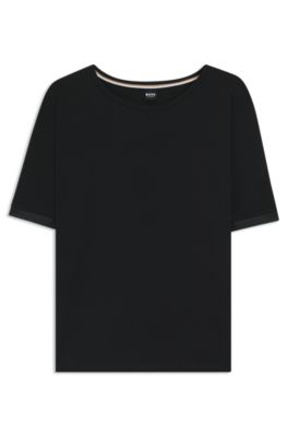 Pyjama T-shirt in stretch fabric with satin inserts, Black
