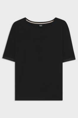 Pyjama T-shirt in stretch fabric with satin inserts, Black