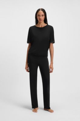 Pyjama T-shirt in stretch fabric with satin inserts, Black
