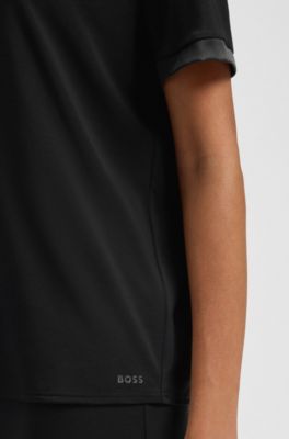 Pyjama T-shirt in stretch fabric with satin inserts, Black