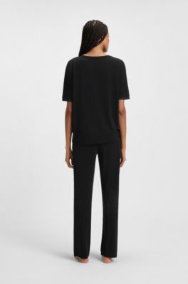 Pyjama T-shirt in stretch fabric with satin inserts, Black