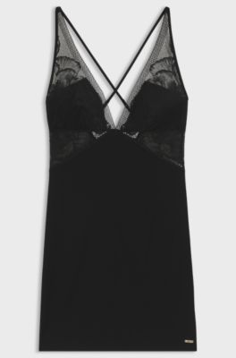 Stretch-modal nightdress with lace inserts, Black