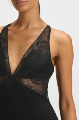 Stretch-modal nightdress with lace inserts, Black