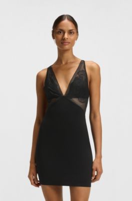 Stretch-modal nightdress with lace inserts, Black