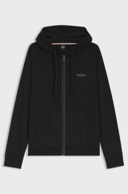Sudadera con capucha y cremallera en contraste de felpa de algod&oacute;n, Negro