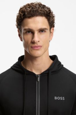 Felpa con cappuccio in terry di cotone con zip a contrasto, Nero