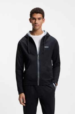 Sweat &agrave; capuche en molleton de coton avec fermeture &eacute;clair contrastante, Bleu fonc&eacute;