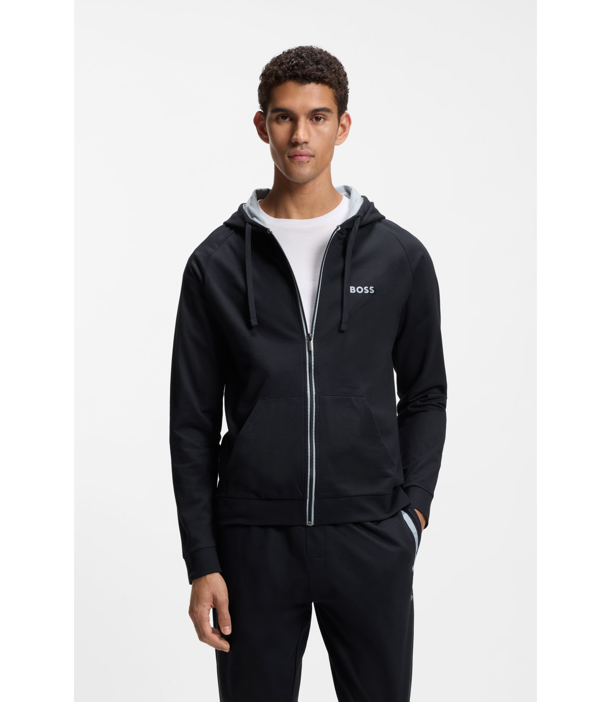 BOSS - Cotton-terry hoodie with contrast zip - Dark Blue