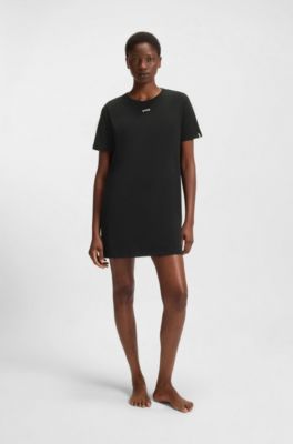 Robe de nuit en coton stretch avec d&eacute;tails logot&eacute;s, Noir