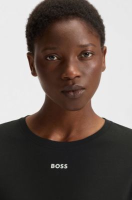 Robe de nuit en coton stretch avec d&eacute;tails logot&eacute;s, Noir