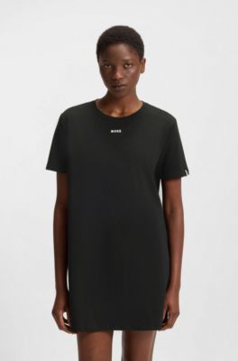 Robe de nuit en coton stretch avec d&eacute;tails logot&eacute;s, Noir