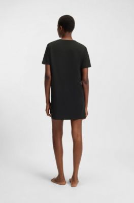 Stretch-cotton nightdress with logo details, Black