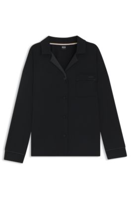 Pyjama shirt in stretch fabric with satin inserts, Black