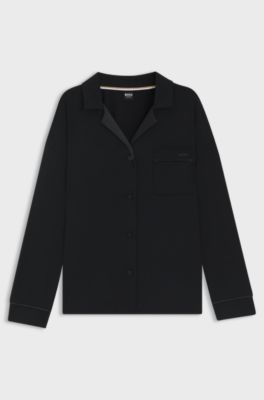 Pyjama shirt in stretch fabric with satin inserts, Black