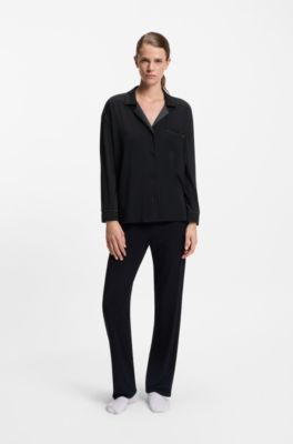 Pyjama shirt in stretch fabric with satin inserts, Black