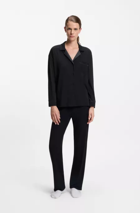 Pyjama shirt in stretch fabric with satin inserts