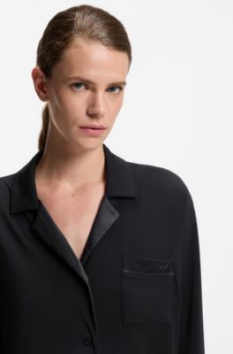 Pyjama shirt in stretch fabric with satin inserts, Black