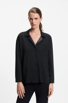 Pyjama shirt in stretch fabric with satin inserts, Black
