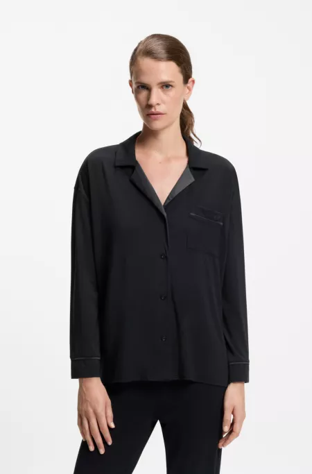 Pyjama shirt in stretch fabric with satin inserts