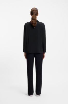 Pyjama shirt in stretch fabric with satin inserts, Black