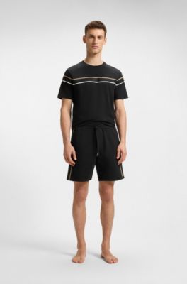 Short en molleton de coton avec bandes et cordon de serrage, Noir