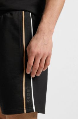 Drawstring shorts in cotton terry with tape trims, Black