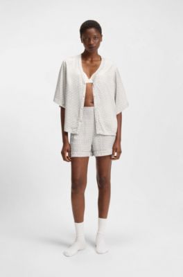 Monogram-print pyjama shorts with contrast piping, Light Beige