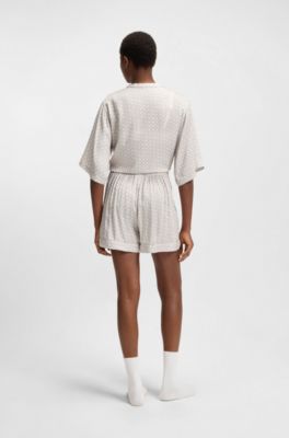 Monogram-print pyjama shorts with contrast piping, Light Beige