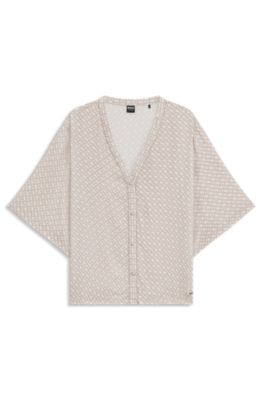 Sateen pyjama shirt with all-over monogram print, Light Beige