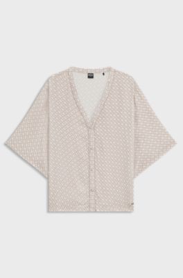 Sateen pyjama shirt with all-over monogram print, Light Beige